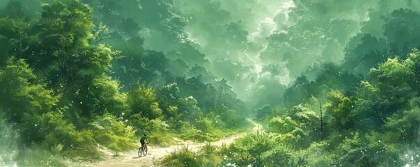 Vibrant Art of Olympic Cycling Mountain Bike Race in Lush Forest Landscape