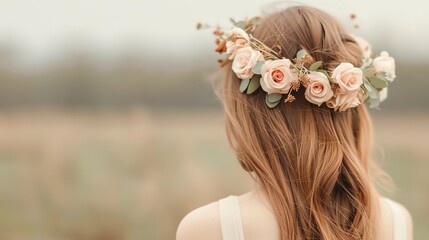Naklejka premium A beautiful young woman with long, flowing hair is wearing a crown of flowers and a white dress