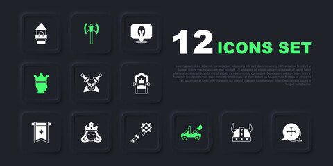 Set Viking in horned helmet, Crusade, Skull with sword, Medieval catapult, King crown, Princess queen, poleaxe and Mace spikes icon. Vector