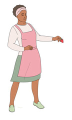 standing African American woman in an apron with strawberries in hand