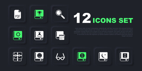 Set Holy book of Koran, Book, Chemistry, Financial, User manual, and Glasses icon. Vector