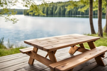 Fototapeta premium Wooden picnic table overlooking scenic river view. Outdoor dining in nature