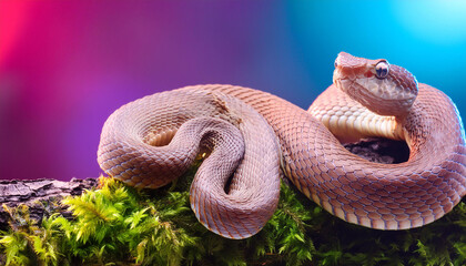 Obraz premium Snake copy text space, with a green plant and moss on an isolated white background