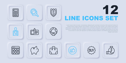 Set line Buy button, Money bag, Identification badge, Hand like, Seller, Piggy bank, Magnifying glass and Paper shopping icon. Vector