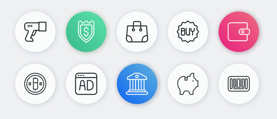 Set line Bank building, Wallet, Cryptocurrency coin Bitcoin, Piggy bank, Buy button, Paper shopping bag, Barcode and Advertising icon. Vector