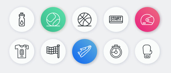 Set line Fitness sneakers shoes, Racing helmet, Football jersey and t-shirt, Stopwatch, Ribbon finishing line, Basketball, Boxing glove and Checkered flag icon. Vector