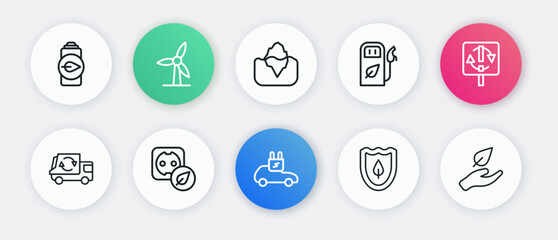 Set line Electric car, Recycle symbol, Garbage truck, Shield with leaf, Petrol or gas station, Iceberg, Leaf in hand and Electrical outlet icon. Vector