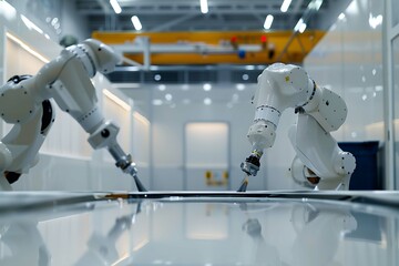 The image should depict a robotic arm evenly applying paint to products on a production line, highlighting reduced material costs and improved coating quality. The background features a modern factory