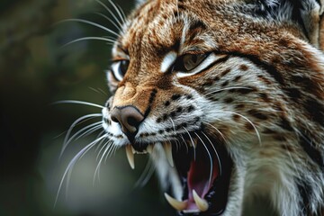 Eurasian lynx baring its teeth showing sharp canine teeth in a forest