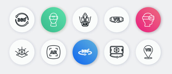 Set line 360 degree view, Virtual reality glasses, 3d modeling, Augmented AR, and icon. Vector
