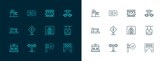 Set line Handcar transportation, Train traffic light, railway tunnel, Toilet, Exclamation mark square, Passenger train cars, Turnstile and ticket icon. Vector