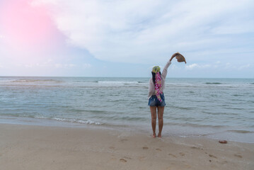 Lifestyle woman and relax chill on beach background. Travel summer vacations, copy space for banner.Summer vacations
