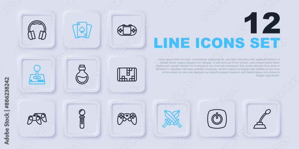 Poster set line power button, microphone, bottle with magic elixir, sword for game, joystick arcade machine