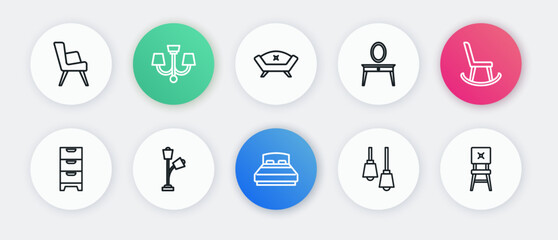 Set line Big bed, Armchair, Chest of drawers, Lamp hanging, Dressing table, Sofa, Chair and Floor lamp icon. Vector