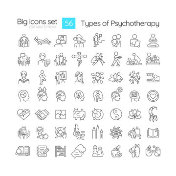 Types of psychotherapy linear icons set. Creativity expression, psychoanalysis. Meditation spirituality, dosha. Customizable thin line symbols. Isolated vector outline illustrations. Editable stroke