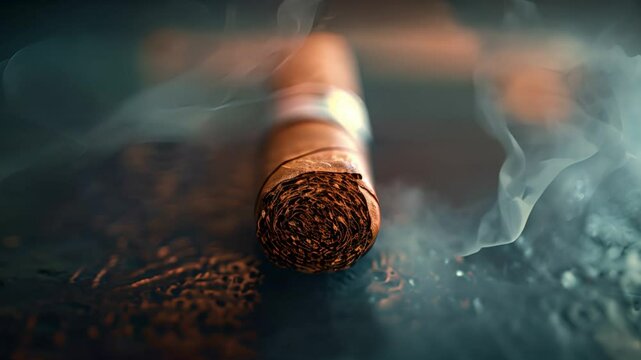 Close-up of a cigar on a dark background with slowly moving smoke.