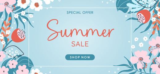 Summer sale banner. Seasonal background with tropical plants and flowers. Discount special offer. Flat design hand drawn vector illustration.
