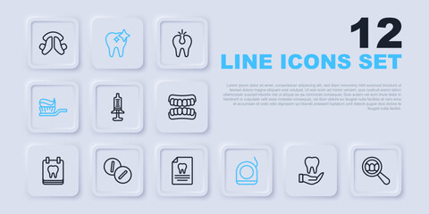 Set line Tooth, Dental search, Syringe, floss, Toothbrush with toothpaste, Toothache painkiller tablet, whitening and Clipboard dental card icon. Vector