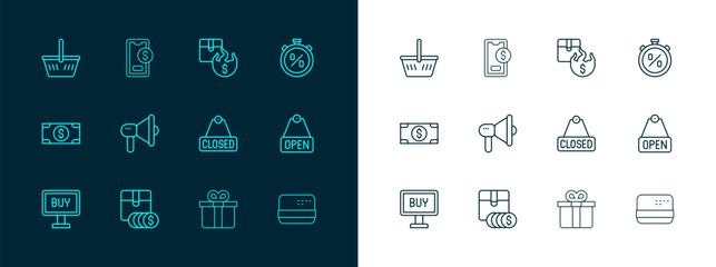 Set line Stopwatch percent discount, Item price tag with dollar, Hanging sign text Closed, Gift box, Megaphone, Hot, Shopping basket and Mobile icon. Vector