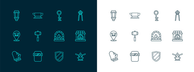Set line Blacksmith pliers tool, Welding mask, oven, Shield, Sledgehammer, Old key, Garden light lamp and anvil icon. Vector