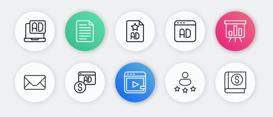 Set line Video advertising, Board with graph chart, Mail and e-mail, Consumer product rating, Advertising, Financial book and icon. Vector