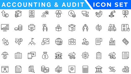 Accounting and audit icon set. Taxes and accounting line icons collection. Check and audit line icons collection. Containing financial statement, accountant, financial audit. Vector illustration