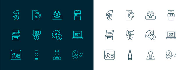 Set line Online sports betting, Bottle of wine, American football money, Casino dealer, chip with dollar, Coin, Hand holding casino chips and icon. Vector