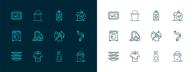 Set line Home cleaning service, Drying clothes, Sponge, Cleaning spray with detergent, Vacuum cleaner, Antibacterial soap, Toilet and Bucket icon. Vector