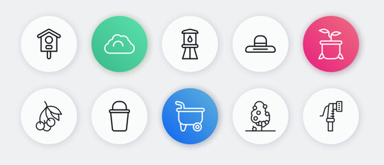 Set line Wheelbarrow, Plant in pot, Fresh berries, Fruit tree, Farmer worker hat, Water tower, Garden hose and Bucket icon. Vector