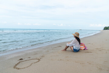 Lifestyle woman and relax chill on beach background. Travel summer vacations, copy space for banner.Summer vacations