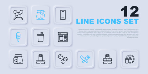 Set line Coffee cup to go, Round the clock delivery, Paper glass with water, Crossed knife and fork, Ice cream, Online ordering food and Cookie biscuit icon. Vector