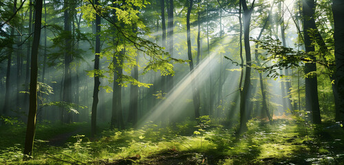 Fototapeta premium A tranquil forest landscape bathed in sunlight, where rays filter through the leafy green canopy, creating a serene and calming atmosphere.