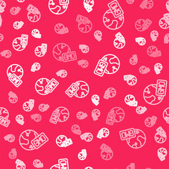 White line GMO icon isolated seamless pattern on red background. Genetically modified organism acronym. Dna food modification. Vector