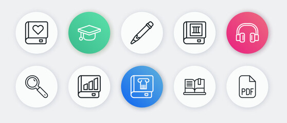 Set line History book, Headphones, Magnifying glass, Open, Book, Pencil with eraser, PDF file document and Financial icon. Vector