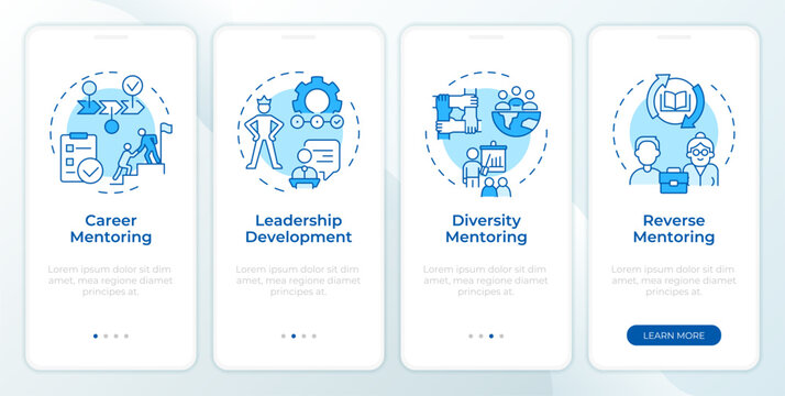 Mentoring in workplace blue onboarding mobile app screen. Walkthrough 4 steps editable graphic instructions with linear concepts. UI, UX, GUI template. Montserrat SemiBold, Regular fonts used