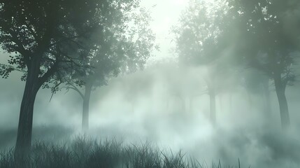 Trees in the fog. The smoke in the forest in the morning