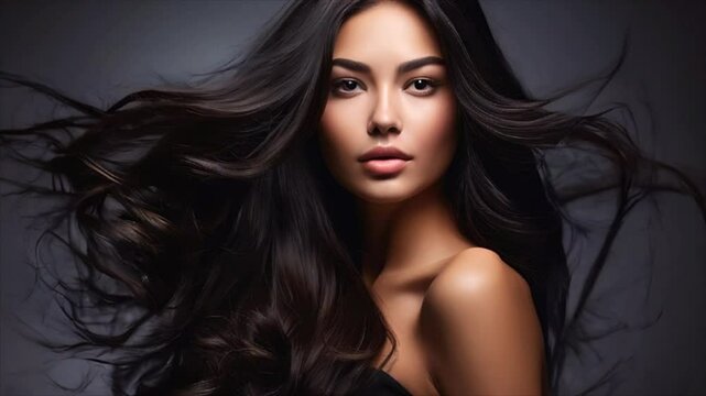 Young woman with long beautiful dark hair. Glossy wavy flying hair. Fashion and style concept