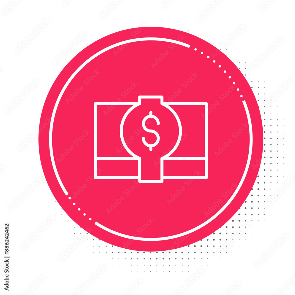 Poster White line Stacks paper money cash icon isolated on white background. Money banknotes stacks. Bill currency. Red circle button. Vector