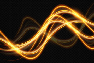 Light wave of shiny gold lines.Gold color glowing design element.Wavy bright stripes.	
