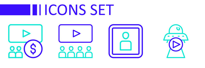 Set line Science fiction, Play Video, Cinema auditorium with screen and icon. Vector