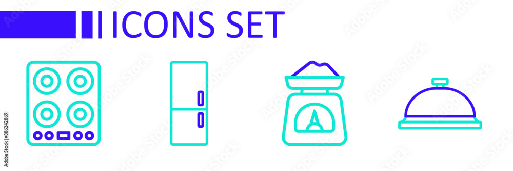 Sticker Set line Covered with tray of food, Scales, Refrigerator and Gas stove icon. Vector