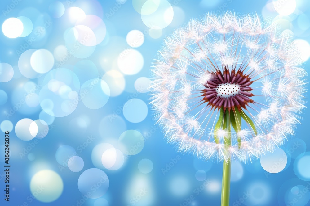 Poster dandelion seeds floating in air on soft blue backdrop with beautiful bokeh effects