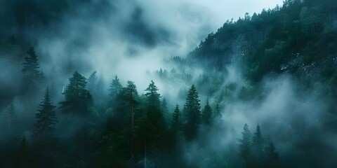 Fototapeta premium Mystical Misty Mountain Forest Landscape in Moody Tones
