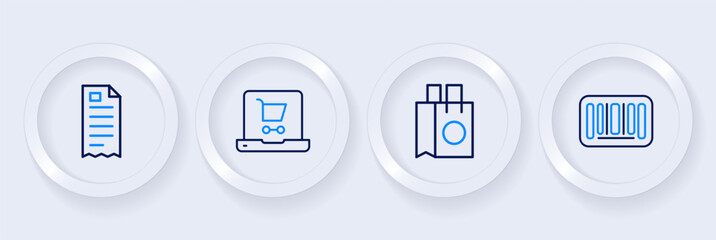 Set line Barcode, Paper shopping bag, Shopping cart on screen laptop and Financial check icon. Vector