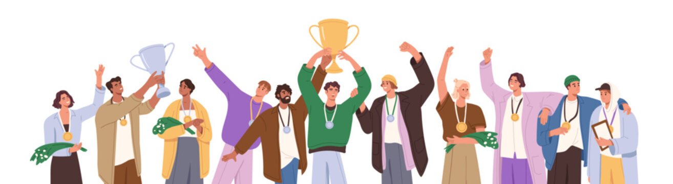 People with medals are on award. Team hold goblet, cup for victory, win in sports or business competition. Reward trophies for success teamwork. Flat isolated vector illustration on white background