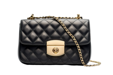 A Black Quilted Chain Bag With a Golden Clasp and A White Background on a White or Clear Surface PNG Transparent Background.