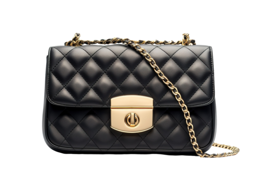 A Black Quilted Chain Bag With a Golden Clasp and A White Background on a White or Clear Surface PNG Transparent Background.