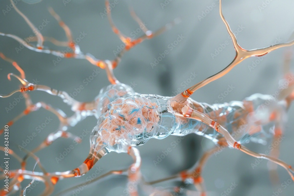 Poster microscopic 3d illustration of a neuron transmitting an electrical signal through its axon and dendr