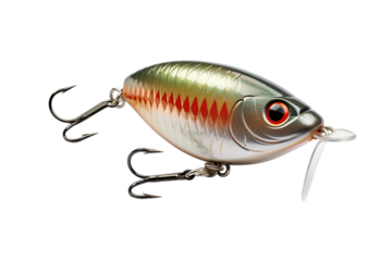 A Metallic Green and Red Fishing Lure With Sharp Triple Hooks on a White or Clear Surface PNG Transparent Background.
