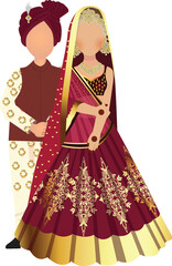 vector indian couple cartoon in traditional dress or lehanga posing for wedding invitation card design	